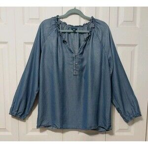 J. Jill Denim Womens Top XL Blue Pullover V Neck  Tunic Long Sleeve Chambray